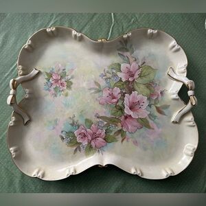 Vintage Hand-Painted Floral Porcelain Serving Tray w/ Handles Gold Trim & Bows